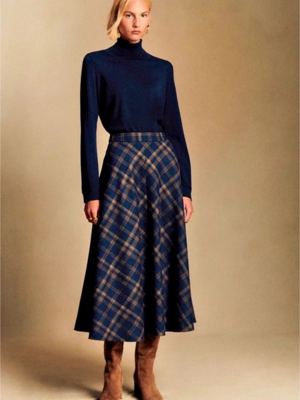 Sézane Orlane Skirt Plaid Midi in Blue & Brown Size 34